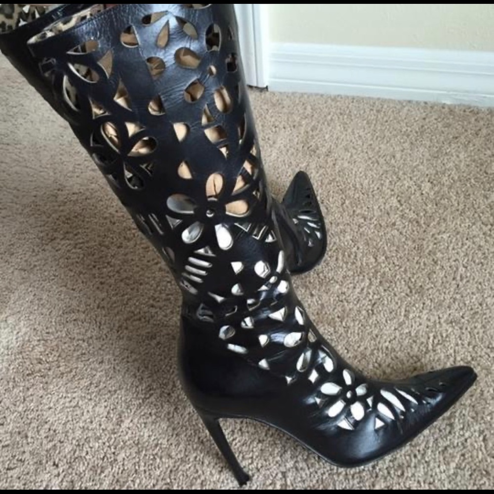 Black Italian Cut Out Leather Knee High